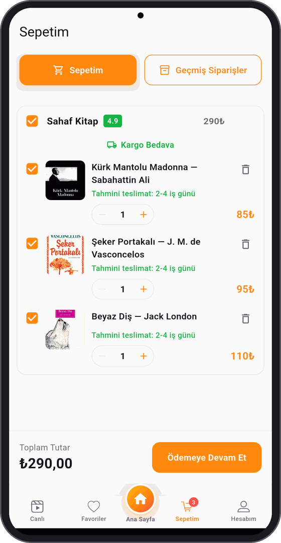 Sepet — mağazaya göre gruplu, kargo ve teslimat bilgisi